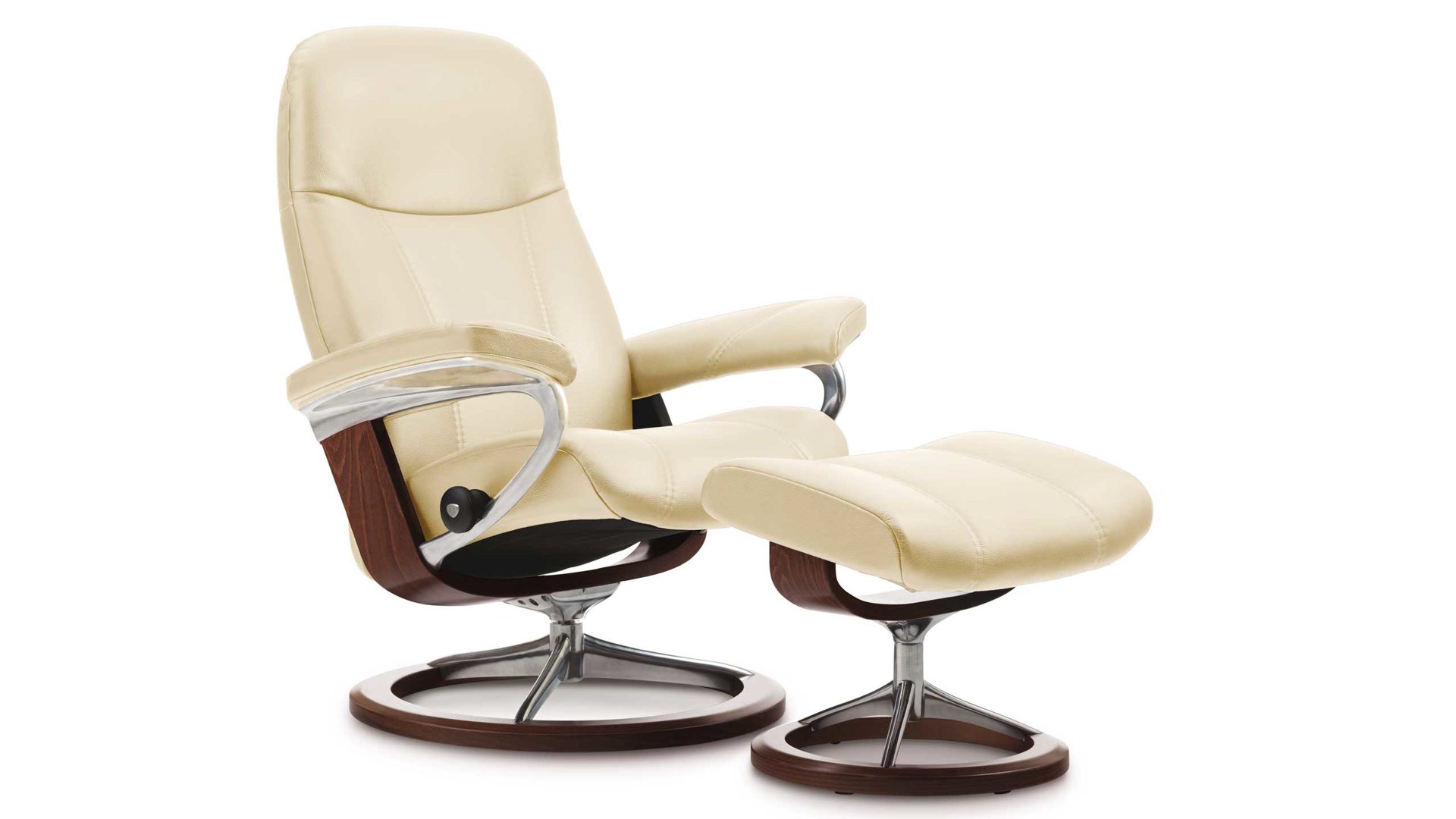 Sessel Ekornes aus Leder in Creme Braun Silber Stressless CONSUL L Signature Relax-Sessel und Hocker Leder Large, Leder Batik 093 Cream 13, Gestell Signature Buche braun