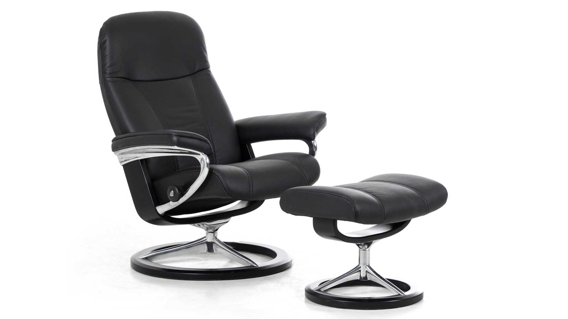 Sessel Ekornes aus Leder in Schwarz Silber Stressless CONSUL L Signature Relax-Sessel und Hocker Leder Large, Leder Batick 093 Black 19, Gestell Signature Schwarz 05