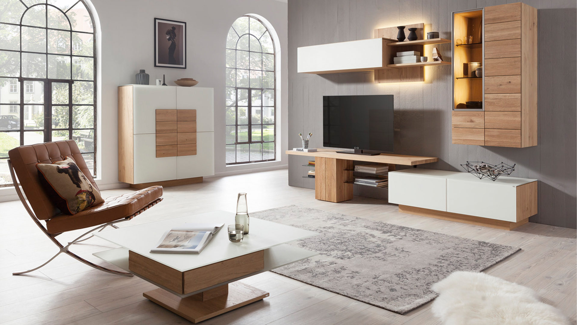 Voglauer V Montana Highboard Optiwhite Colorglas Wildeiche Zwei
