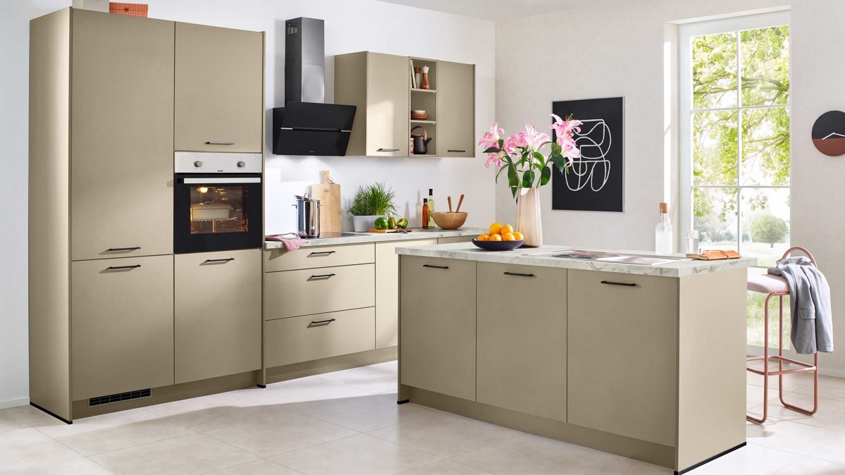 Einbauküche Express küchen aus Holz in Beige EXPRESS KÜCHEN Einbauküche Clean mit Einbaugeräten Cremegrau & heller Marmor - zweiteilig