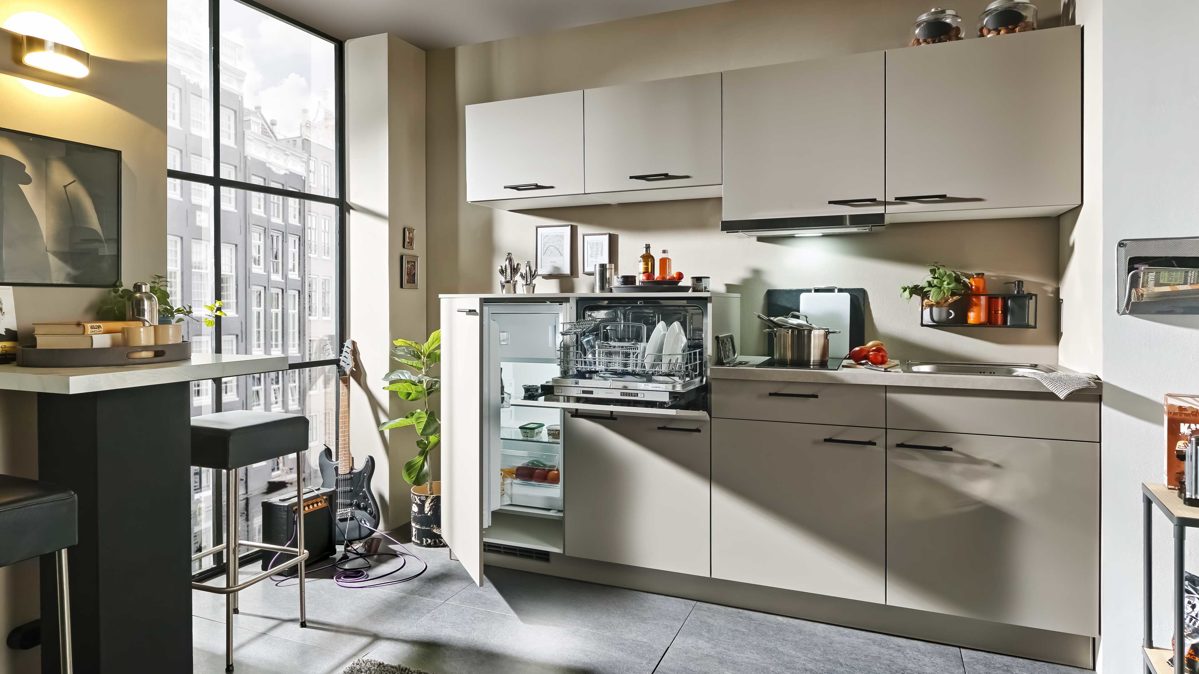 Einbauküche Express küchen aus Holz in Beige EXPRESS KÜCHEN Einbauküche Win mit Spülmaschine Cremegrau - Länge ca. 240 cm