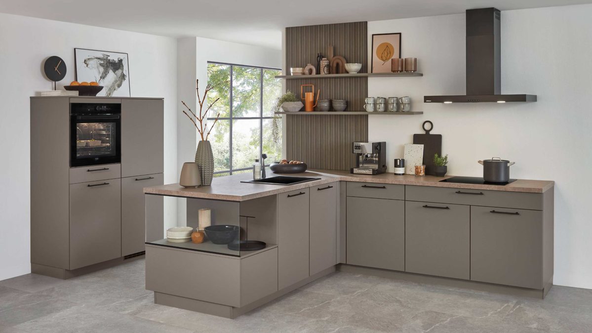 Einbauküche Nobilia® aus Holz in Grau nobilia® Einbauküche Easytouch mit Geräten Taupegrau - zweiteilig
