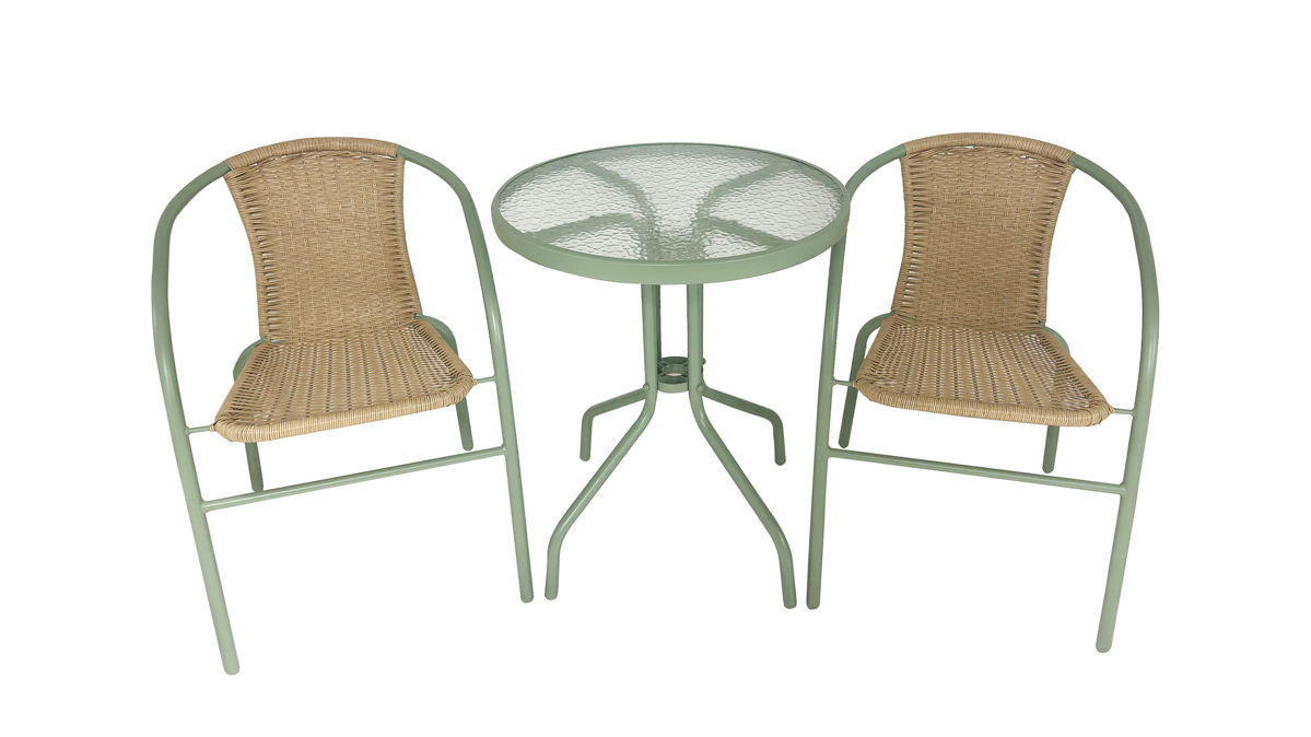 Tischgruppe Testrut aus Geflecht Metall in Grün Beige TESTRUT Tischgruppe Bistro-Set RETRO 139587, Tisch + 2 Stühle Stahl grün, Polyethylgeflecht, Tisch ca. 60 x 70 cm
