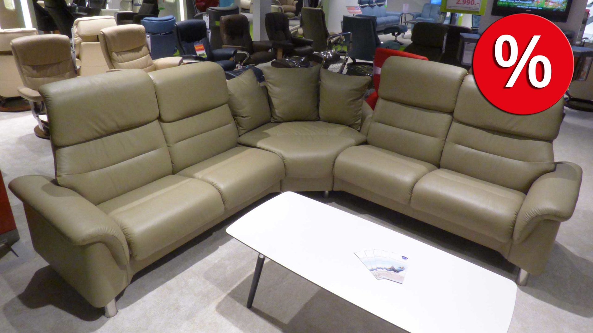Sofa Ekornes aus Leder in Oliv Stressless Polstergarnitur COMO Polsterecke Leder oliv Leder Paloma 094 olive 94, Stahlfuss rund 012 Edelstahl 88