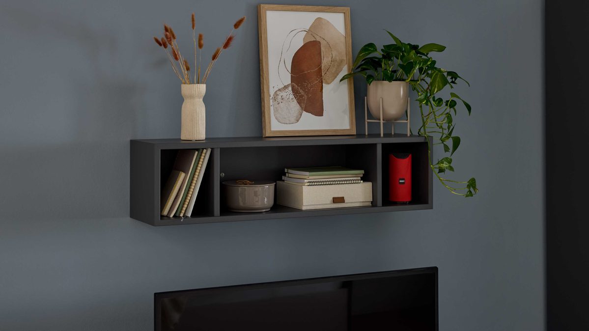 Wandregal Interliving aus Holz in Dunkelgrau Interliving Jugendzimmer Serie 1701 - Hängeregal Dunkelgrau - Länge ca. 96 cm
