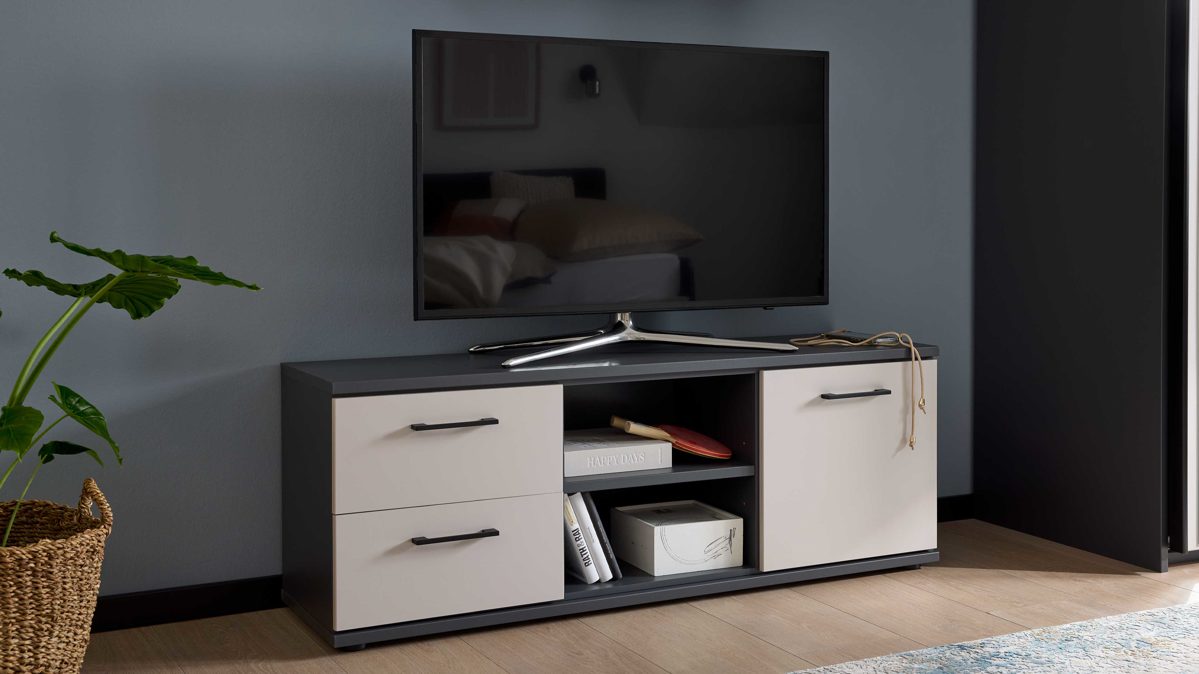 Lowboard Interliving aus Holz in Grau Interliving Jugendzimmer Serie 1701 - Lowboard Dunkelgrau & Sandgrau - zwei Schubladen, eine Tür