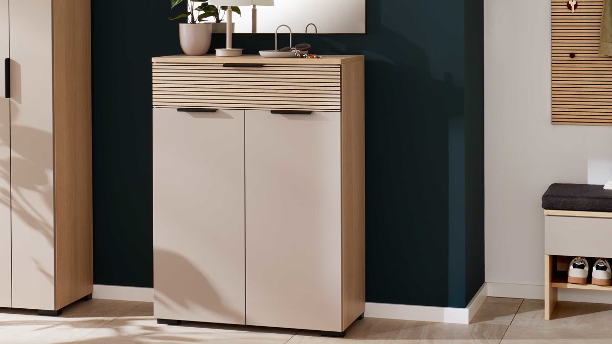 Kombikommode Interliving aus Holz in Grau Interliving Garderobe Serie 6015 - Kombikommode Steingrau & Eiche - eine Schublade, zwei Türen, Breite ca. 110 cm