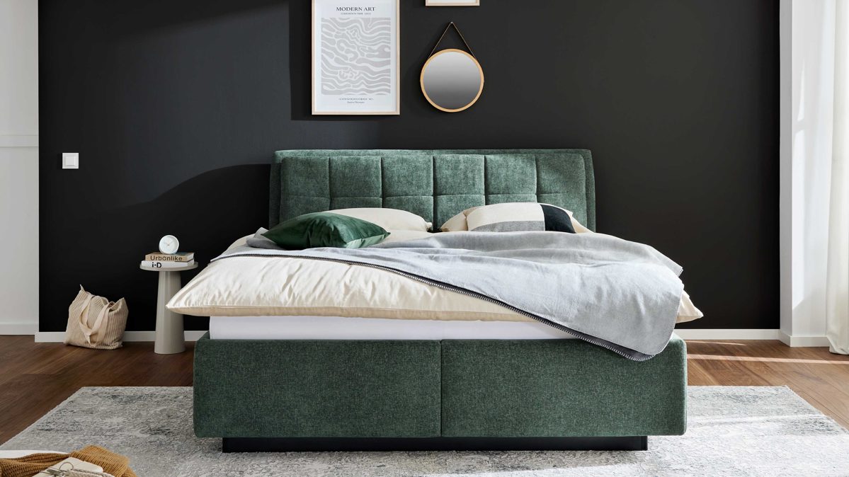 Polsterbett Interliving aus Stoff in Grün Interliving Bettensystem Serie 1420 - Polsterbett moosgrüne Chenille Toni - Liegefläche ca. 180 x 200 cm