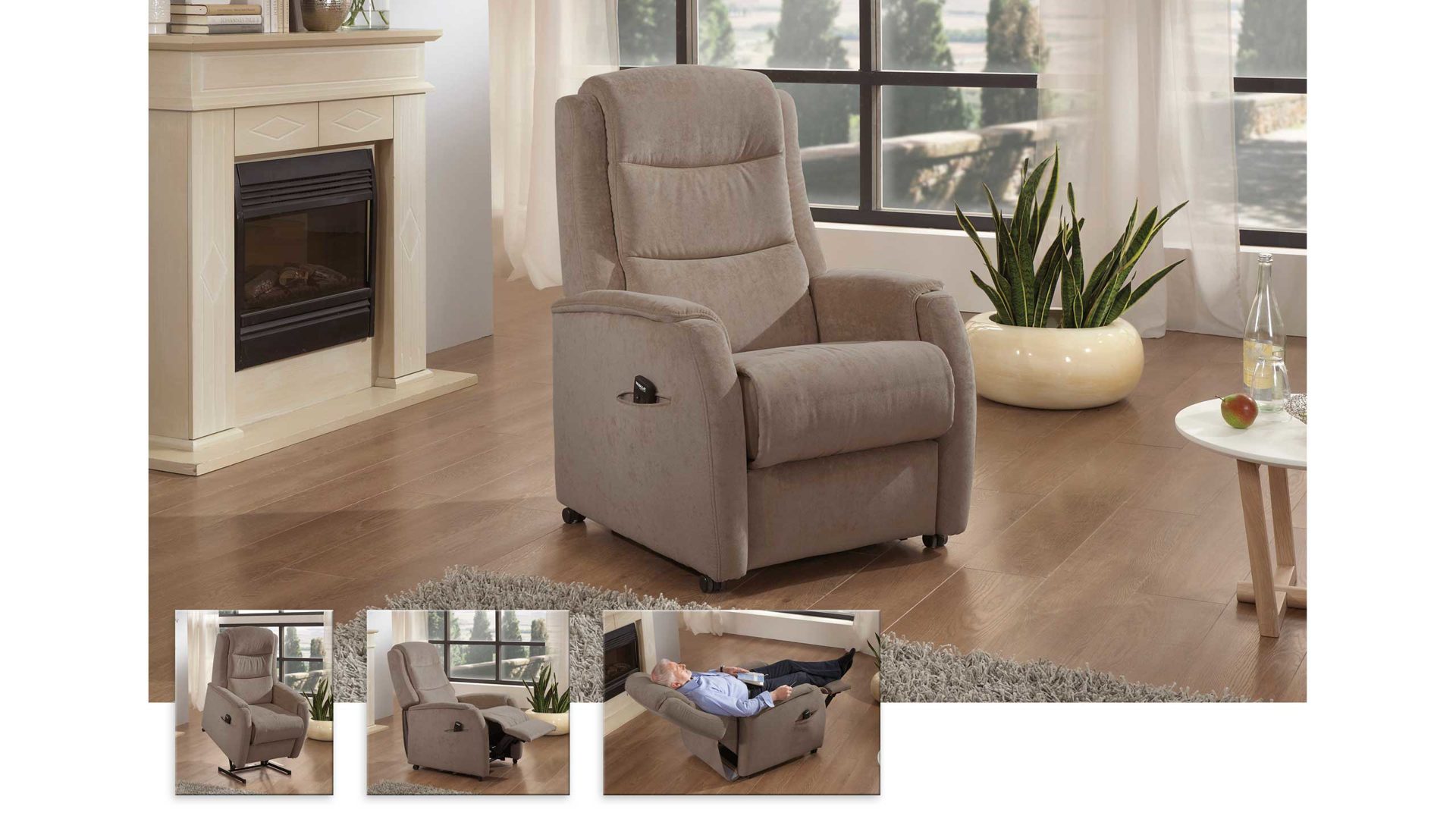 Relaxsessel PARTNERRING COLLECTION aus Stoff in Beige Sand HUKLA Relaxsessel Sessel RV82 A8 Stoffbezug Mandel Beige Stoff Leonie 19 Mandel, Funktion A8 ein Motor + Aufstehhilfe