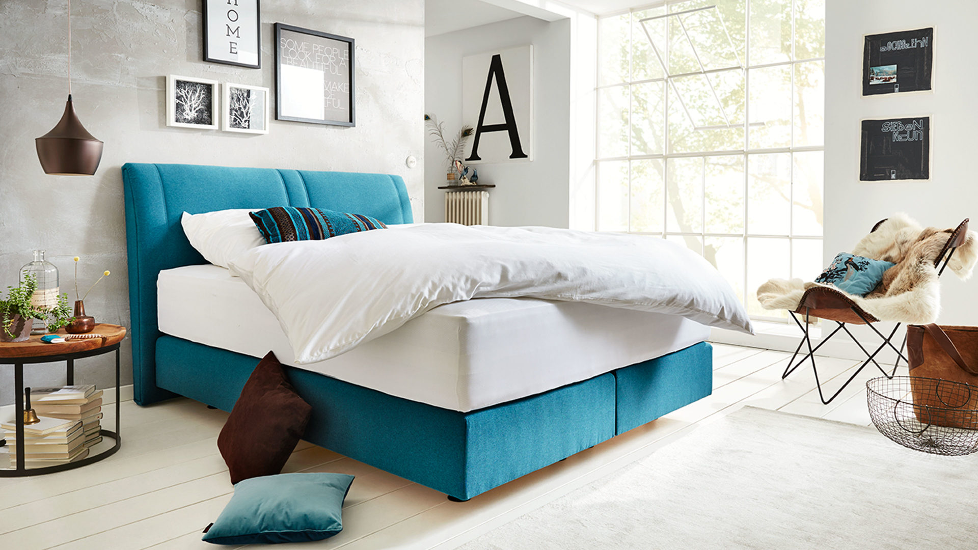 Boxspringbett Oschmann | il aus Stoff in Blau Interliving Boxspringbett Serie 1401 petrolfarbener Bezug Neo 485200 – Liegefläche ca. 180 x 200 cm