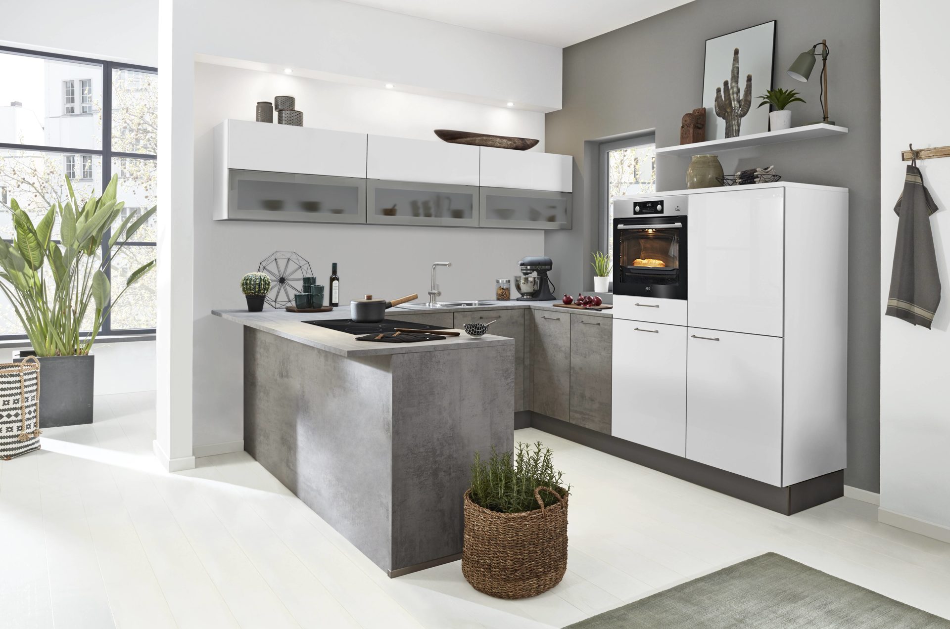 Einbauküche Nolte kÜchen (auch il) aus Holz in Weiß Interliving Küche Serie 3006 mit gorenje Einbaugeräten arcticweiße & betonfarbene Kunststoffoberflächen – Stellfläche ca. 270 x 265 cm