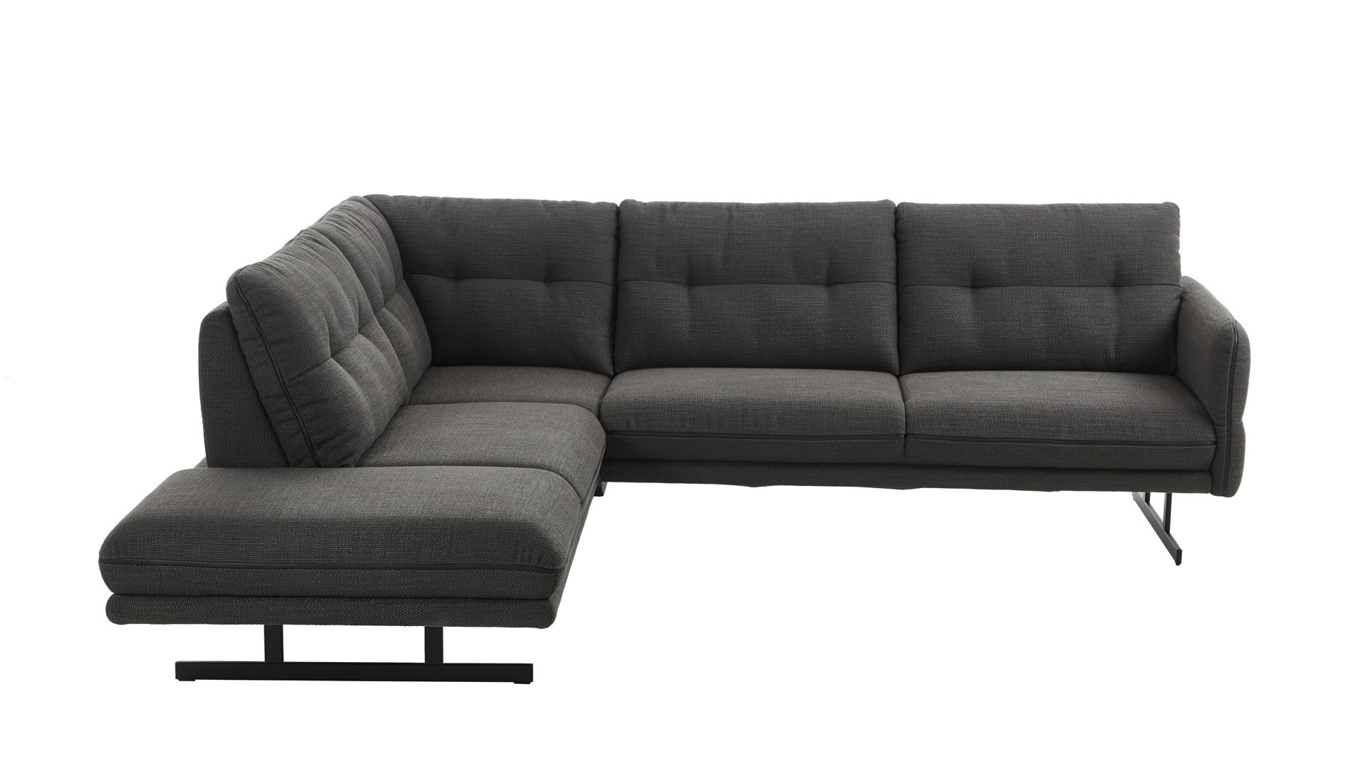 Ecksofa K+w polstermöbel aus Stoff in Grau Ecksofa stahlfarbener Bezug 575-80 & Leder Bronco 81, schwarze Metallkufe – Stellfläche ca. 234 x 267 cm