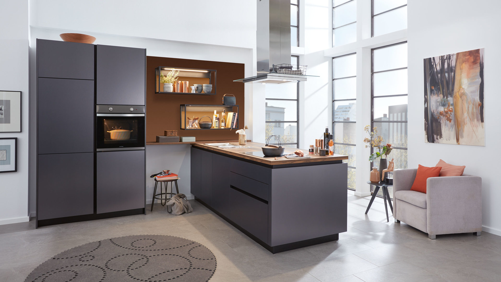 Einbauküche Schüller aus Holz in Grau WERT-KÜCHE Corali Einbauküche mit privileg Einbaugeräten Titan metallic- & chaleteichefarbene Kunststoffoberflächen – zweiteilig