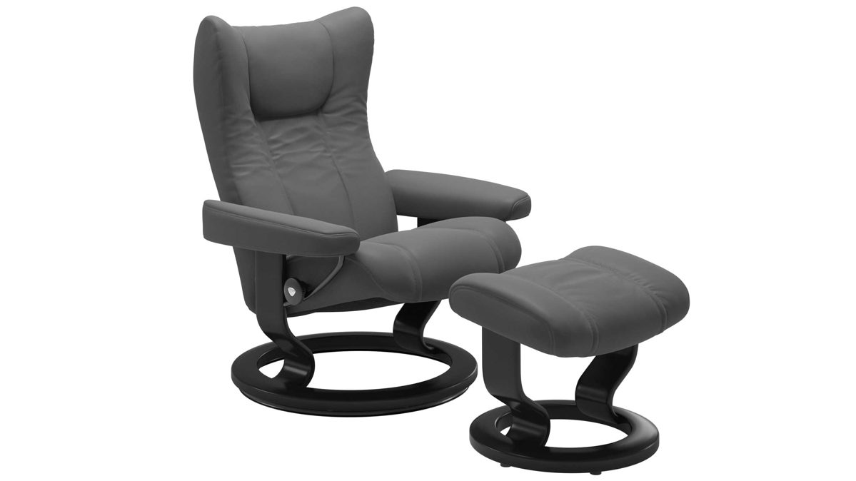 Sessel Ekornes aus Leder in Dunkelgrau Schwarz Stressless WING M Classic Relax-Sessel und Hocker Classic Schwarz, Medium, Leder Batick Grey