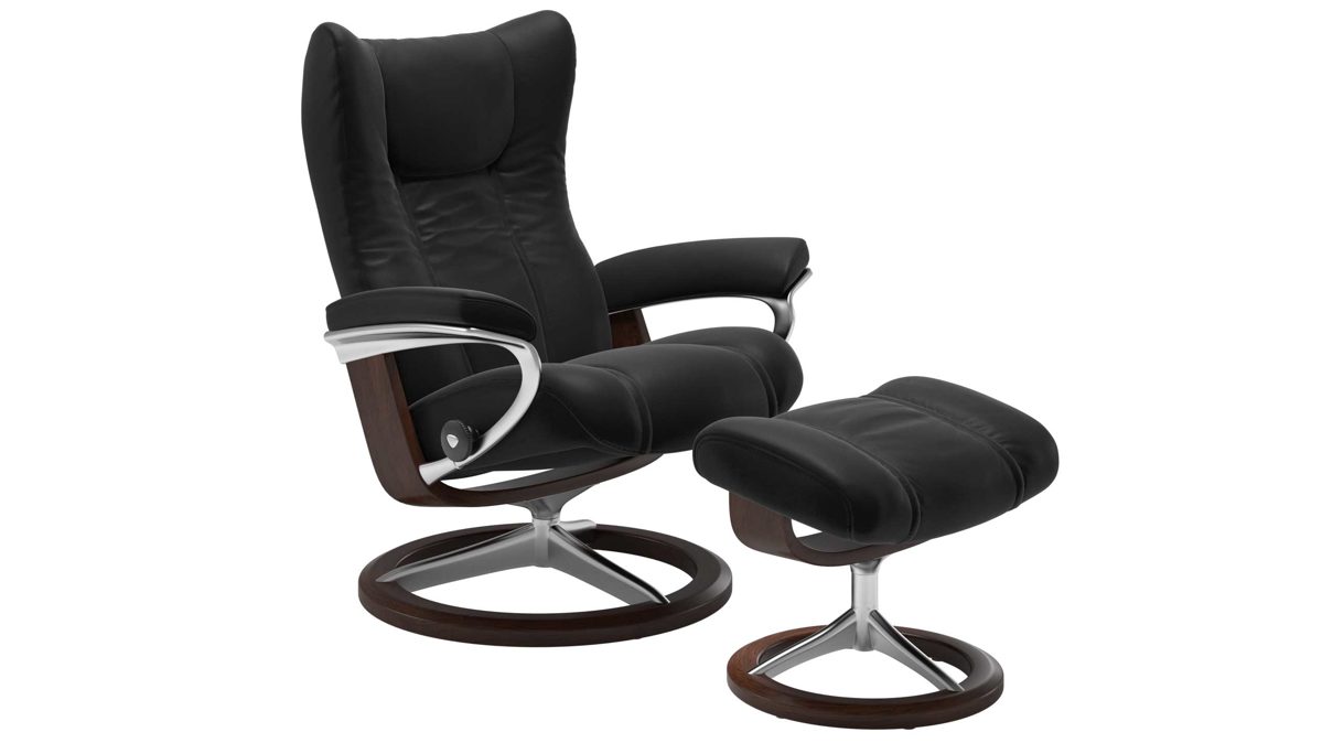 Sessel Ekornes aus Leder in Schwarz Dunkelbraun Stressless WING M Signature Relax-Sessel und Hocker Leder Signature Brown, Medium, Leder Paloma Black