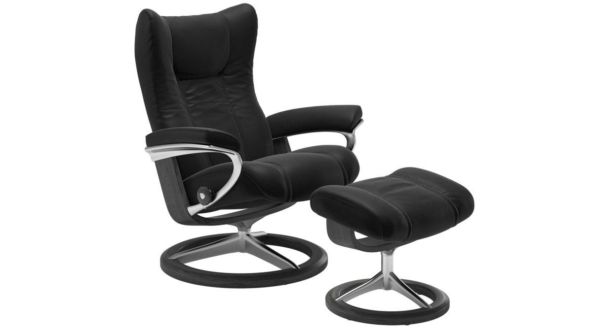 Sessel Ekornes aus Leder in Schwarz Dunkelgrau Stressless WING M Signature Relax-Sessel und Hocker Leder Signature Grey, Medium, Leder Paloma Black