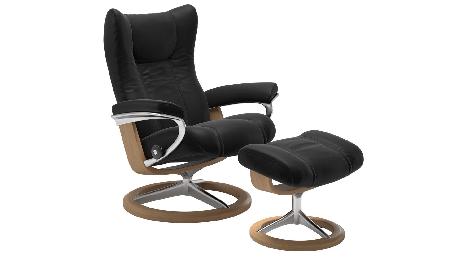 Sessel Ekornes aus Leder in Schwarz Holzfarben Stressless WING M Signature Relax-Sessel und Hocker Leder Signature Oak, Medium, Leder Paloma Black