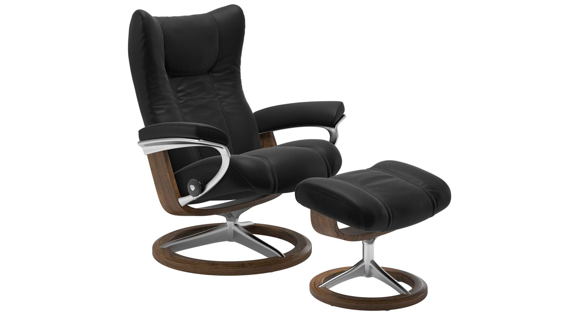 Sessel Ekornes aus Leder in Schwarz Holzfarben Dunkel Stressless WING M Signature Relax-Sessel und Hocker Leder Signature Teak, Medium, Leder Paloma Black