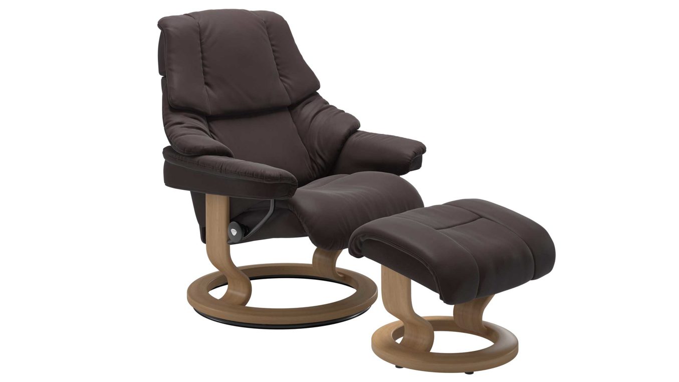 Sessel Ekornes aus Leder in Dunkelbraun Holzfarben Stressless RENO M Classic Relax-Sessel und Hocker Leder Classic Oak, Medium, Leder Paloma Chocolate