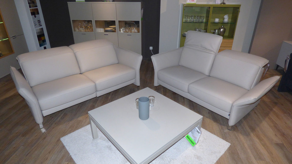 Sofa-Set Erpo aus Leder Metall in Beige Grau ERPO Polstergarnitur Avantgarde 965, 2x Ledersofa beige-graues Leder & hochglänzende verchromte Kufe - 2,5-Sitzer + 2-Sitzer