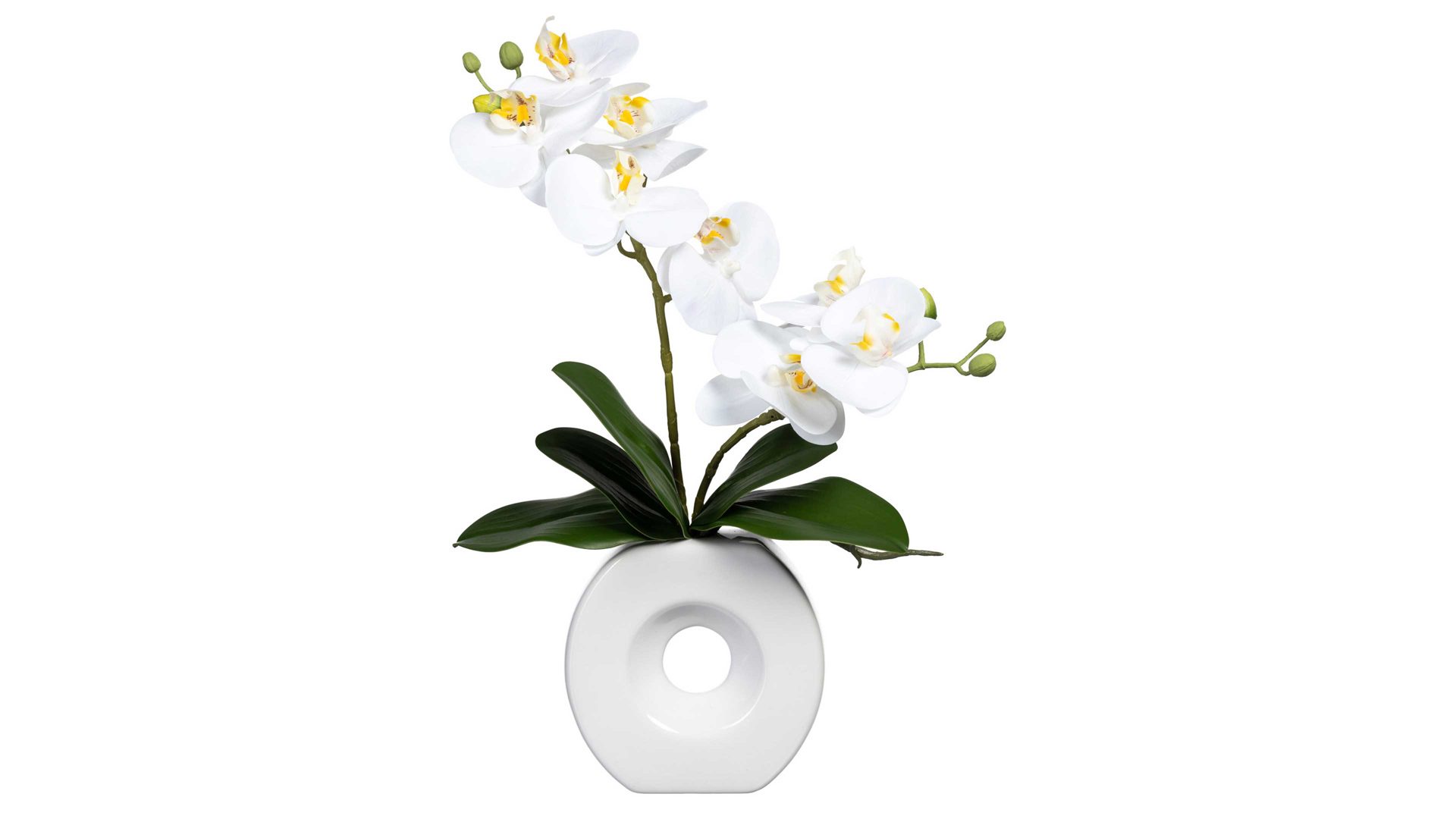 Pflanze Gasper aus Stoff in Weiß Orchidee Phalaenopsis weiße Textilblüten & weiße Keramikvase – Höhe ca. 35 cm