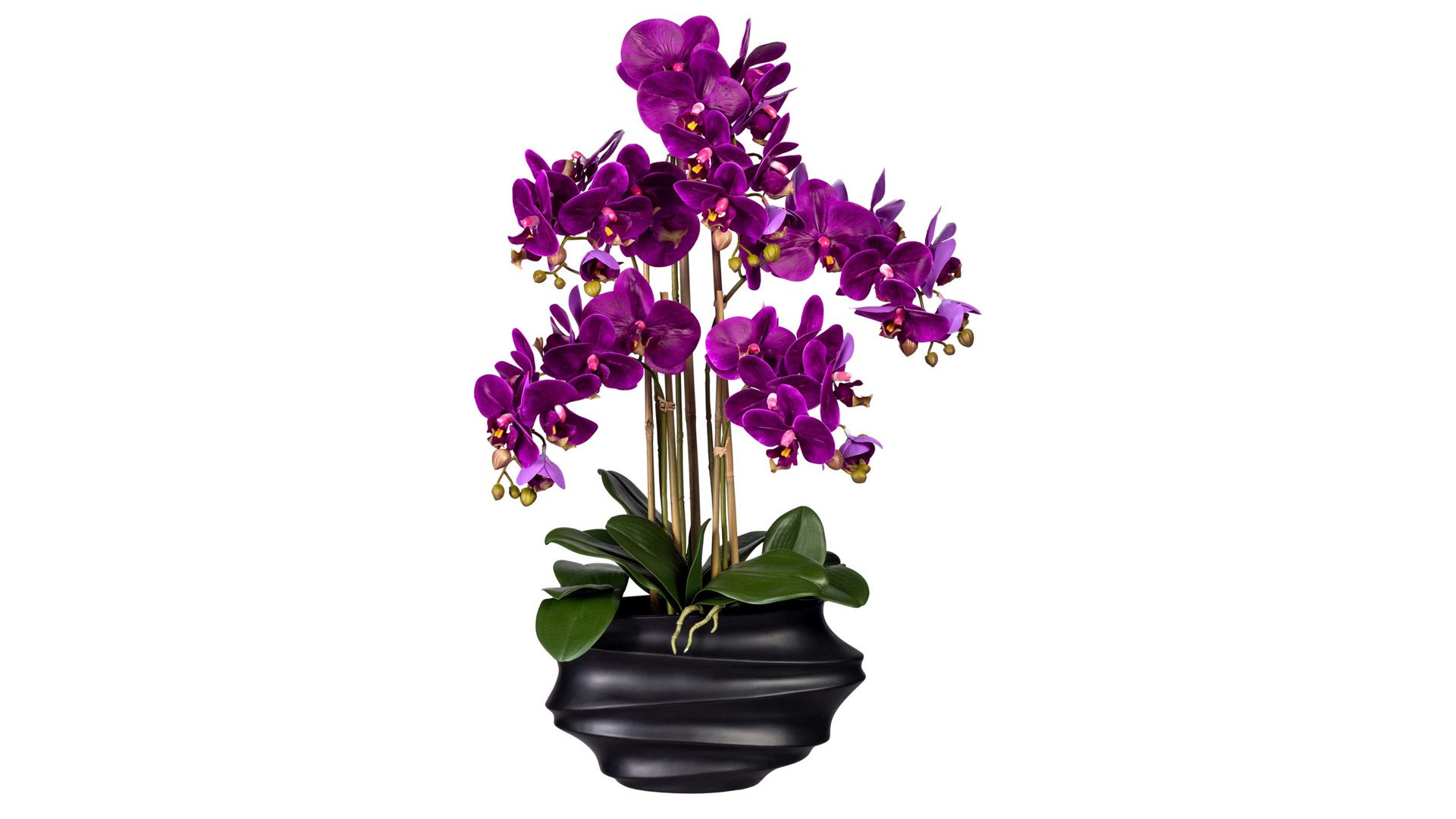 Pflanze Gasper aus Stoff in Lila Orchidee Phalaenopsis lilafarbene Textilblüten & schwarzer Kunststofftopf – Höhe ca. 75 cm