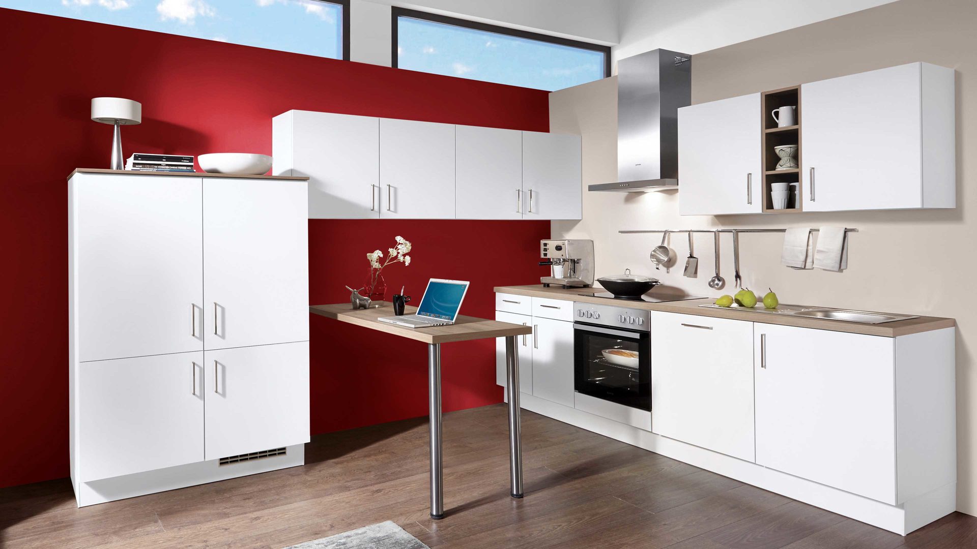 Einbauküche Nobilia® aus Holz in Weiß nobilia® Einbauküche Speed mit gorenje-Elektrogeräten und Küchenmöbeln Weiß & Eiche Havanna - zweizeilig