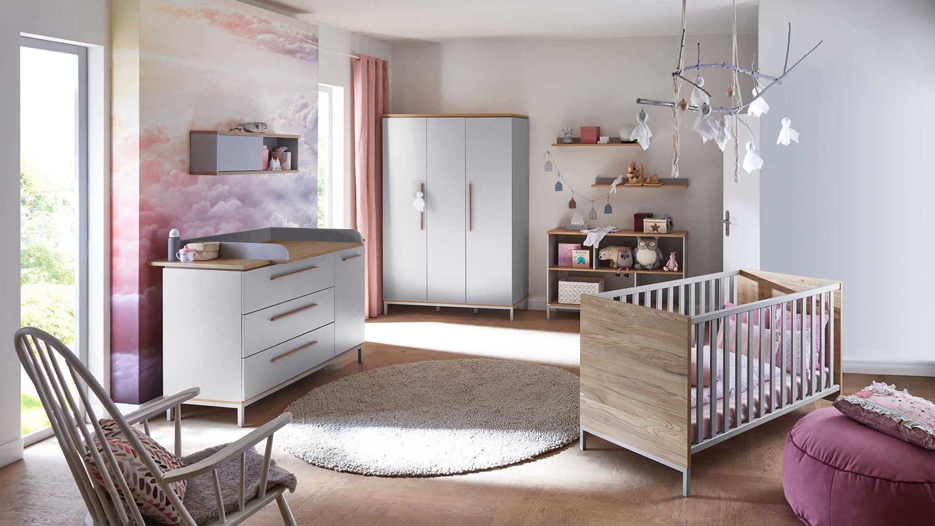 Komplettzimmer Paidi aus Holz Nachbildung in Hellgrau PAIDI Babyzimmer Benne mit Bett, Wickelkommode und Kleiderschrank Babyzimmer Benne - kieselgrau