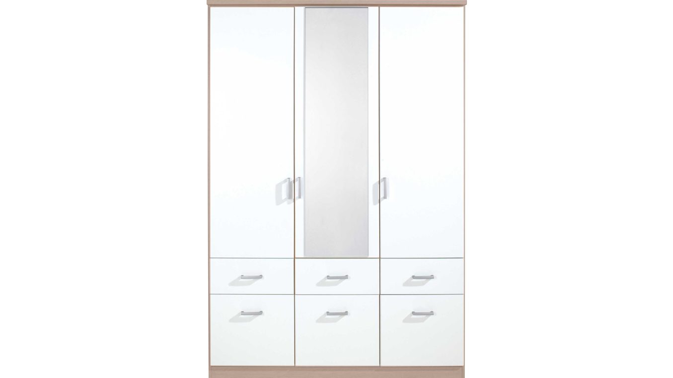 Kleiderschrank Rauch aus Holz in Weiß rauch BLUE Kleiderschrank Bremen - Schlafzimmerschrank Sonoma Eiche & Alpinweiß - drei Türen, sechs Schubladen