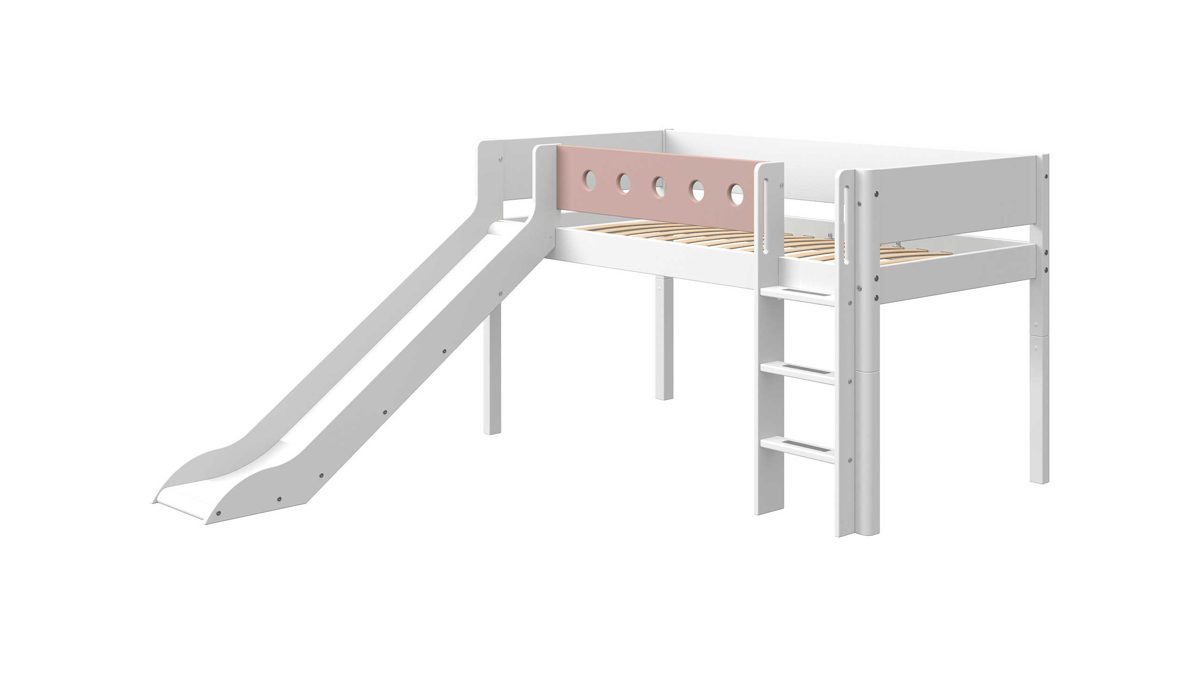 Einzelbett Flexa aus Holz in Rosa FLEXA White Halbhohes Bett mit senkrechter Leiter + Rutsche 90x200 cm weiß - rose