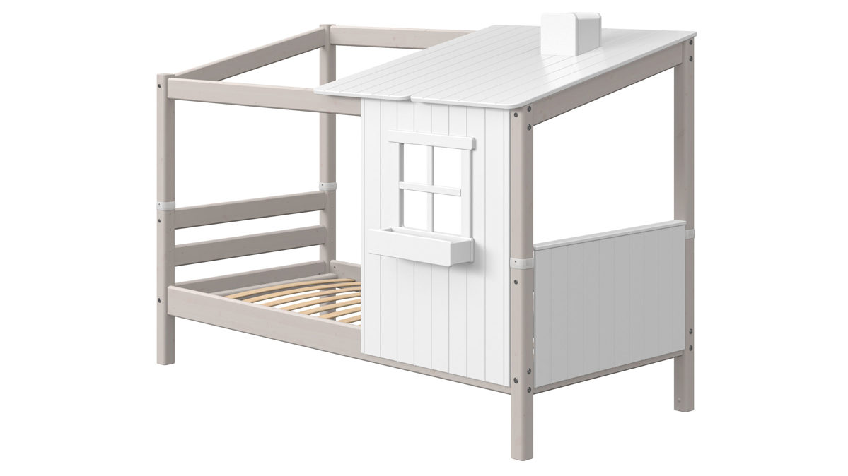 Einzelbett Flexa aus Holz in Hellgrau Weiß FLEXA Classic Bett Spielbett mit halbem Haus 90x200 cm Kiefer grau lasiert, deckend weiss