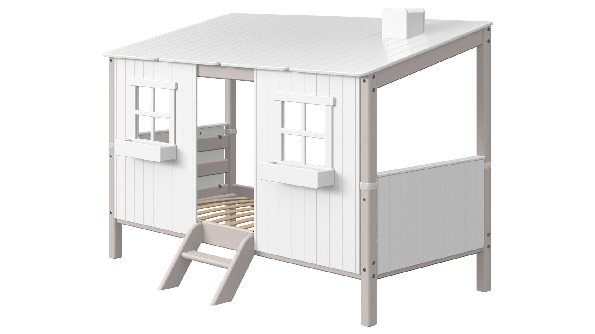Einzelbett Flexa aus Holz in Hellgrau Weiß FLEXA Classic Bett Spielbett mit ganzem Haus 90x200 cm Kiefer grau lasiert, deckend weiss