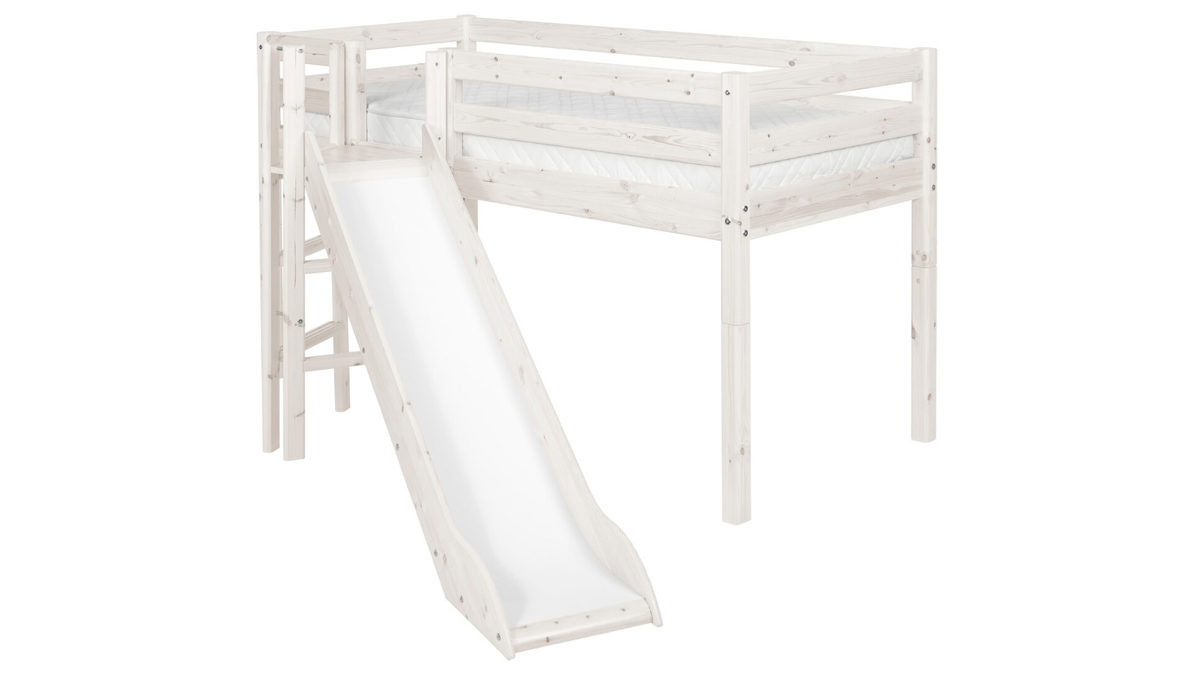 Einzelbett Flexa aus Holz in Weiß FLEXA Classic halbhohes Bett 90x190 cm mit Plattform und Rutsche Kiefer weiss lasiert