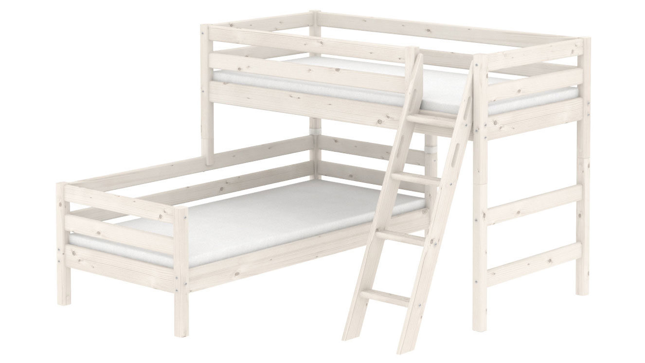 Einzelbett Flexa aus Holz in Weiß FLEXA Classic mittelhohes Bett 90x200 cm mit Schrägleiter + Einzelbett Kiefer weiss lasiert