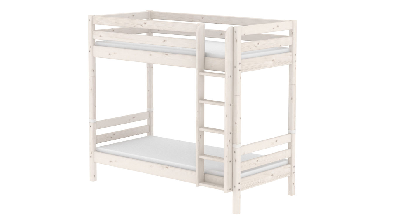Einzelbett Flexa aus Holz in Weiß FLEXA Classic Etagenbett 90x200 cm mit senkrechter Leiter und extra Höhe Kiefer weiss lasiert
