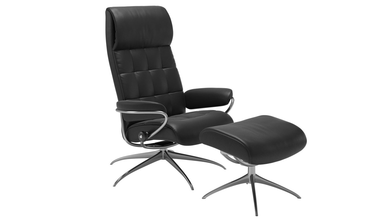 Sessel Ekornes aus Leder Metall in Schwarz Silber Stressless LONDON M Star High Back Relax-Sessel + Hocker Leder Leder Paloma Black, Gestell Star Aluminium