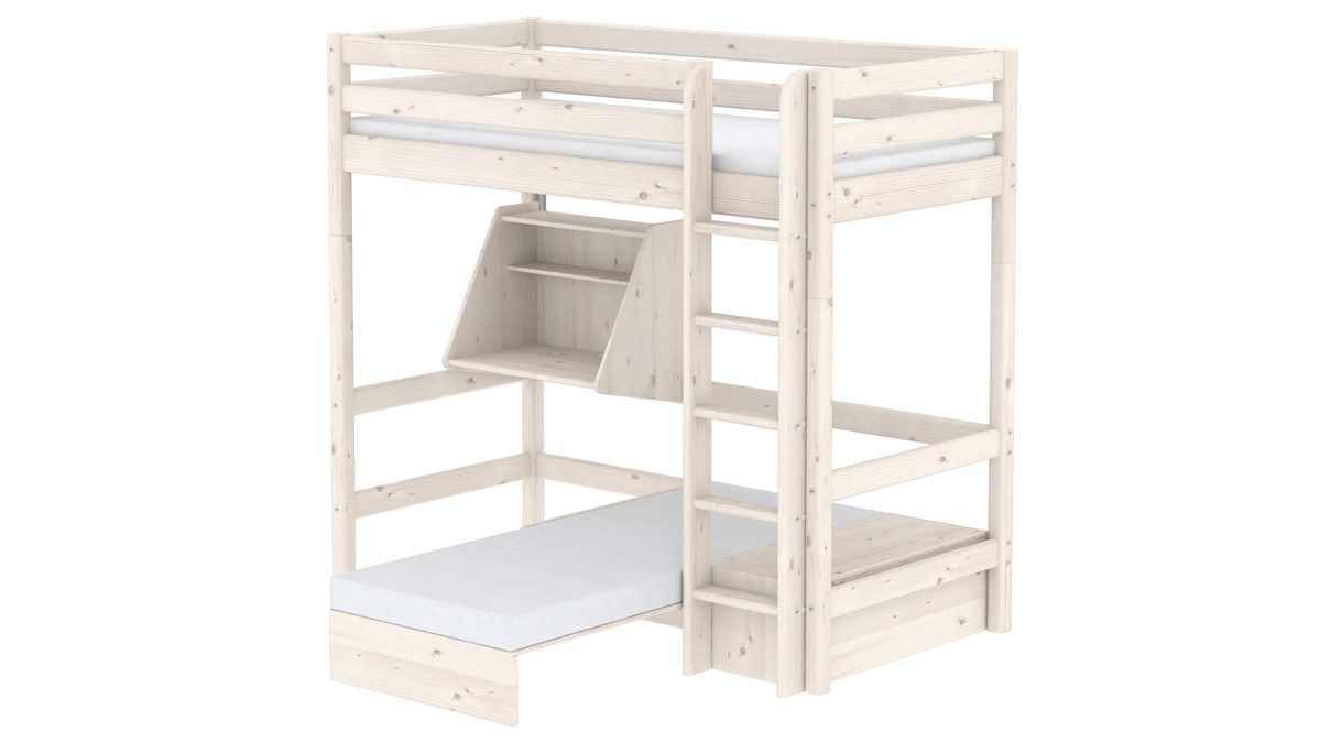 Einzelbett Flexa aus Holz in Weiß FLEXA Classic Hochbett Bett 90x190 cm mit Sofabett + Schreibtisch Kiefer weiss lasiert