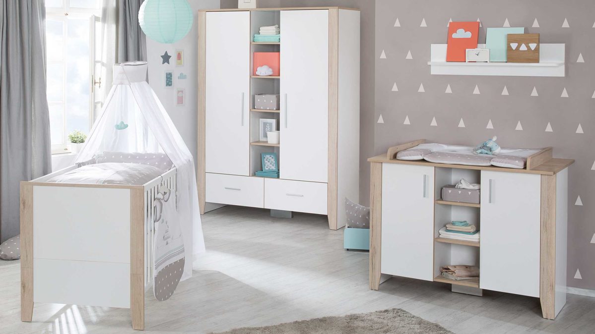 Komplettzimmer Roba aus Holz Nachbildung in Weiß ROBA Kinderzimmer Sam 3-tlg. - mit Bett, Wickelkommode und Kleiderschrank weiß mit San Remo Eiche-Nachbildung