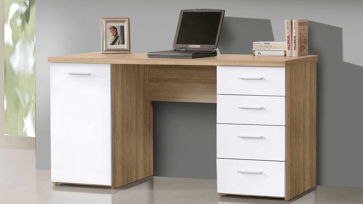 Schreibtisch Möbelvertrieb aus Holz Kunstharz MDF in Holzfarben Hell Schreibtisch mit 1 Tür und 4 Schubkästen Front weiß - Korpus Eiche Sonoma-Nachbildung