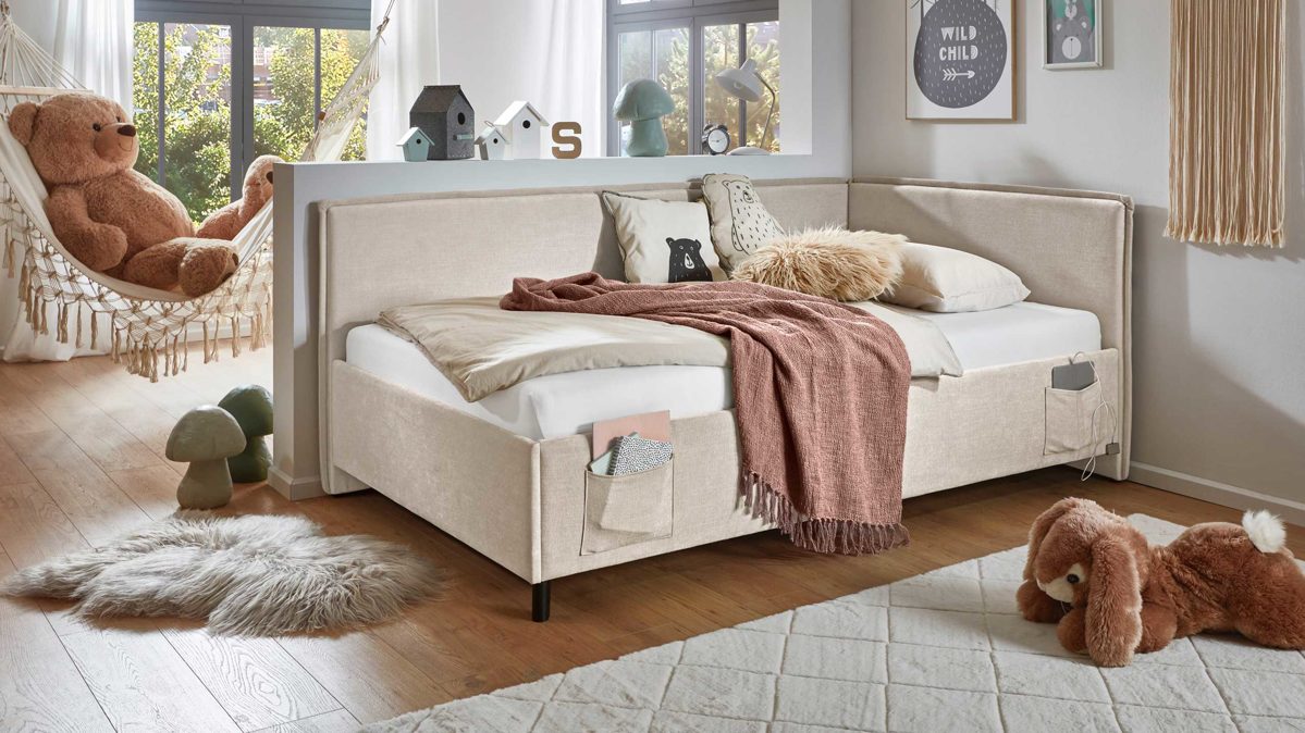 Bettgestell Meise.möbel aus Stoff in Beige Polsterliege FUN, Sofa - Bett mit Bettkasten beiger Bezug City & schwarze Holzfüße - Liegefläche ca. 120 x 200 cm