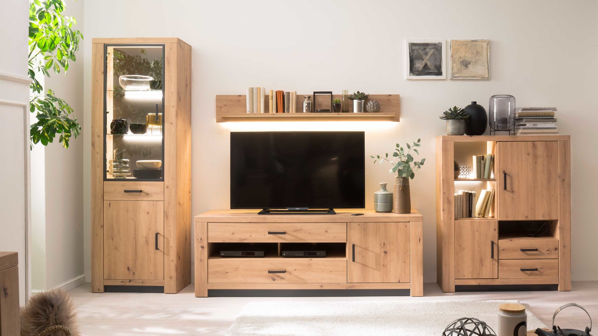 Wohnwand Mca furniture aus Holz in Holzfarben Wohnprogramm Brüssel – Wohnwand Breite ca. 356 cm, vierteilig - Balkeneiche & Anthrazit