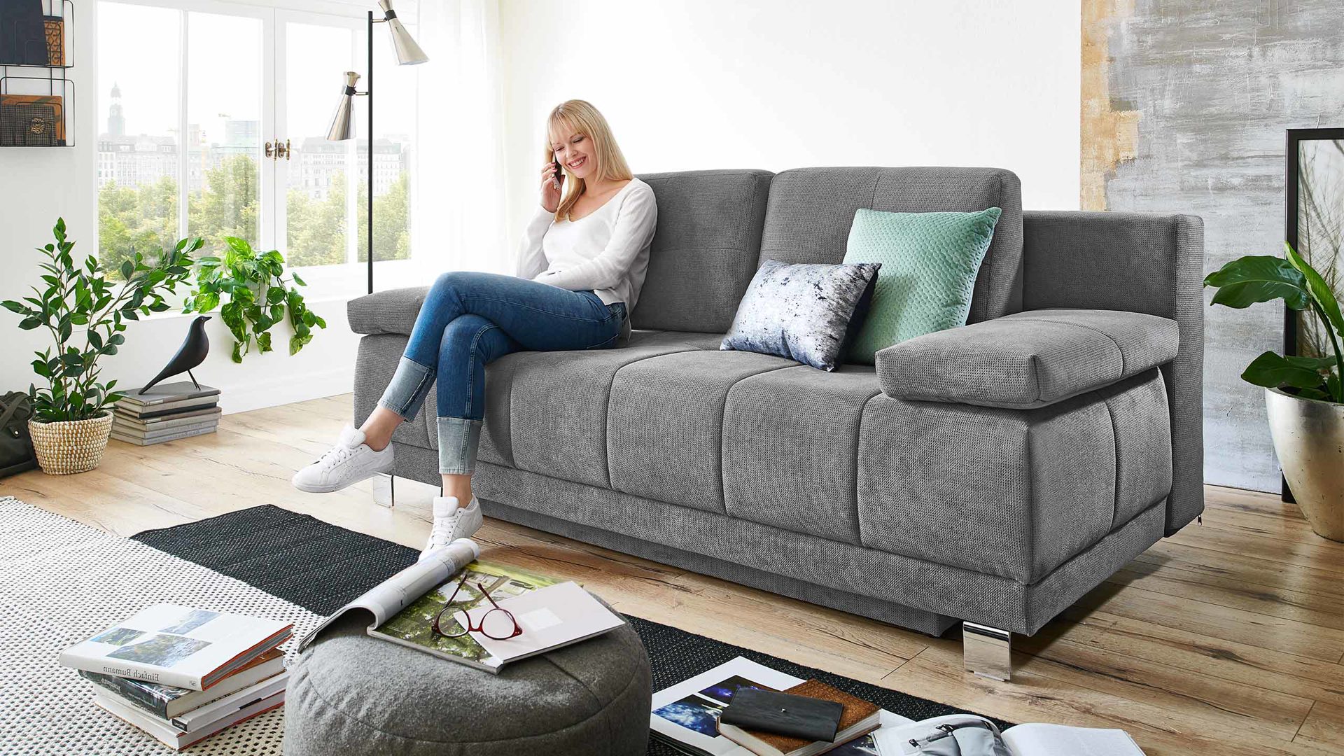 Schlafsofa Restyl aus Stoff in Dunkelgrau Restyl Querschläfer LILO Schlafsofa Funktionssofa Stoff 2-6839, Rücken echt, Boxspring, Füße chrom