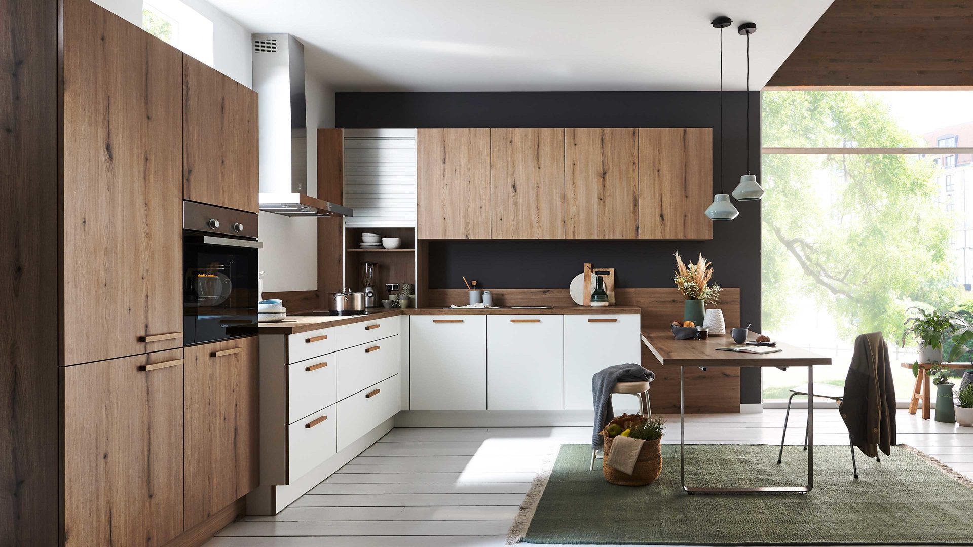 Einbauküche Nolte küchen aus Holz in Holzfarben nolte Einbauküche Flair mit Constructa Einbaugeräten Vulkaneiche & Weiß - Stellfläche ca. 365 x 350 cm