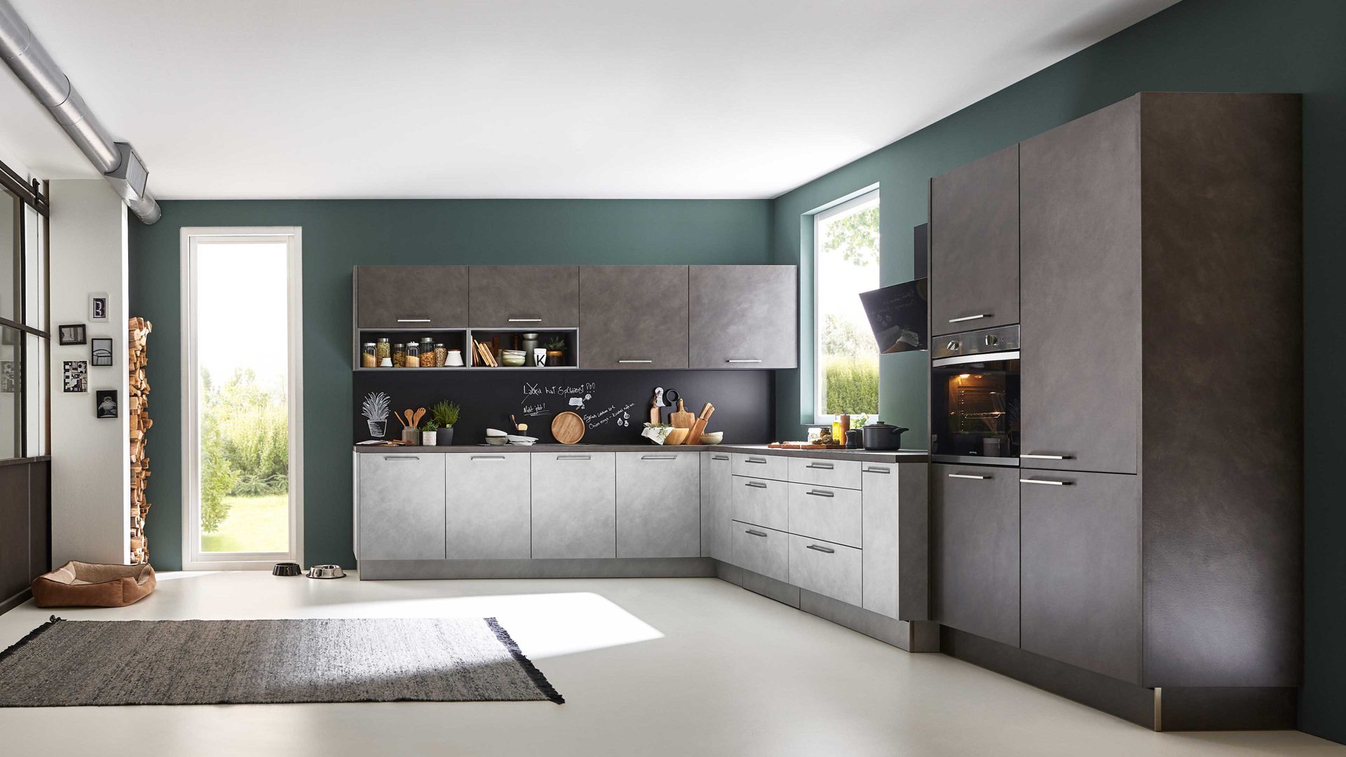 Einbauküche Nolte® küchen aus Holz in Grau nolte® Einbauküche Lucca mit privileg-Einbaugeräten Zement Saphirgrau & Anthrazit – Stellfläche ca. 323 x 413 cm