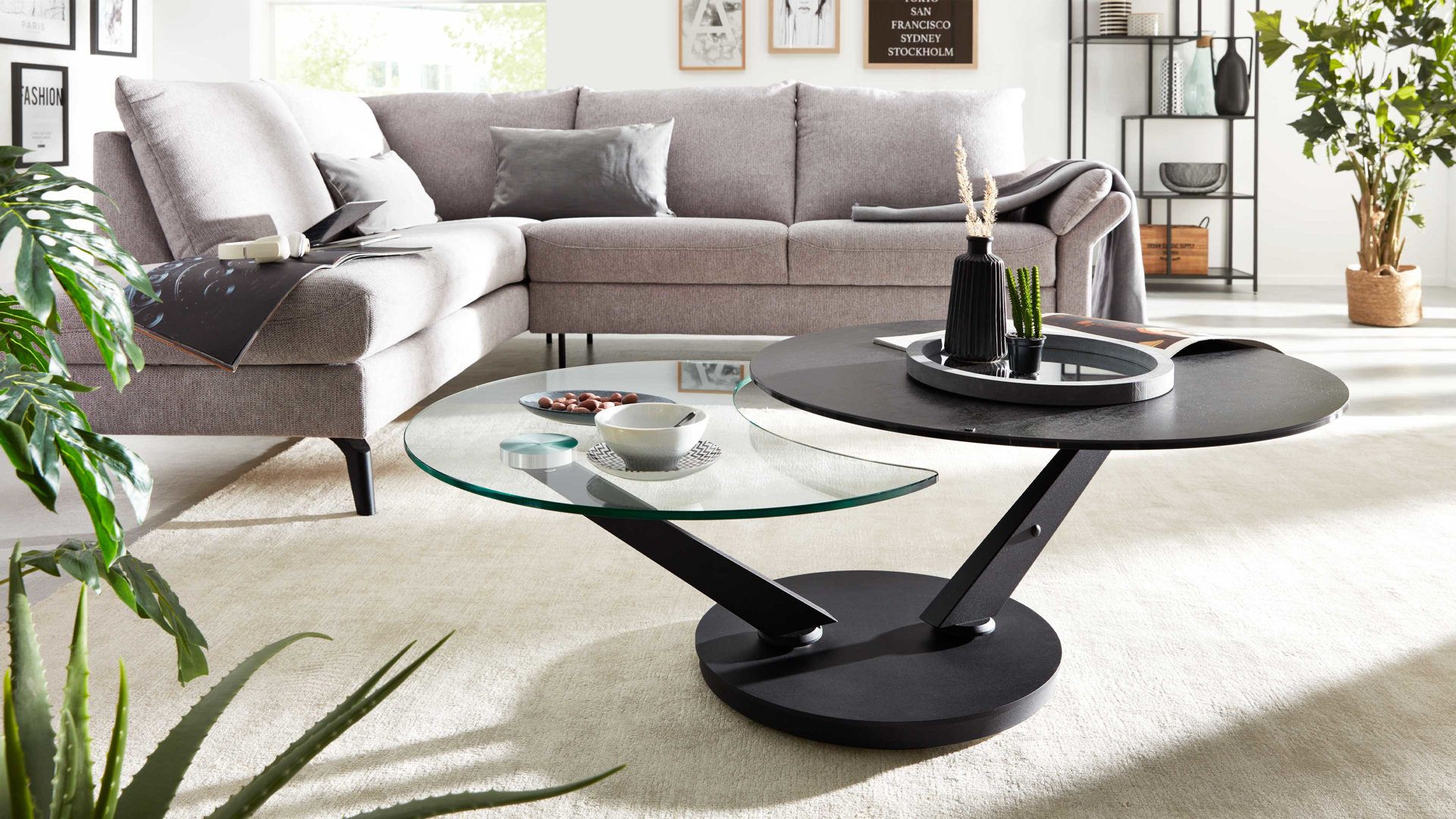 Couchtisch Interliving aus Keramik in Dunkelgrau Interliving Couchtisch Serie 6209 - Funktionscouchtisch titanfarbene Keramik & schwarzer Stahl - Durchmesser ca. 80 cm