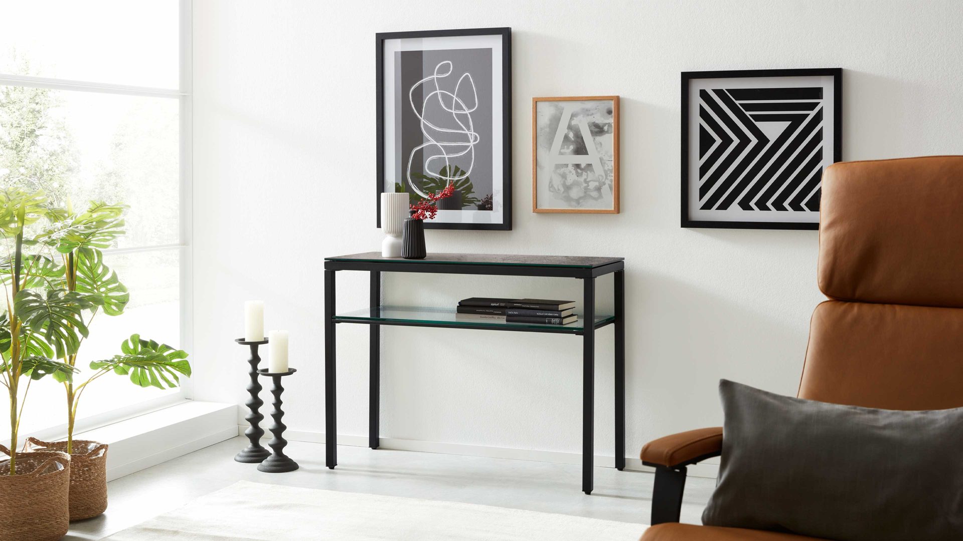 Konsoltisch Interliving aus Keramik in Grau Interliving Couchtisch Serie 6210 - Konsoltisch zementgrau Keramik & schwarzer Stahl - ca. 100 x 38 cm