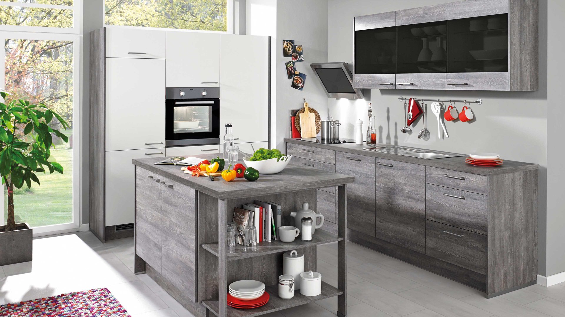 Einbauküche Pino küchen aus Holz in Grau pino Einbauküche inklusive ZANKER Einbaugeräte Steineiche & Weiß - zweizeilig