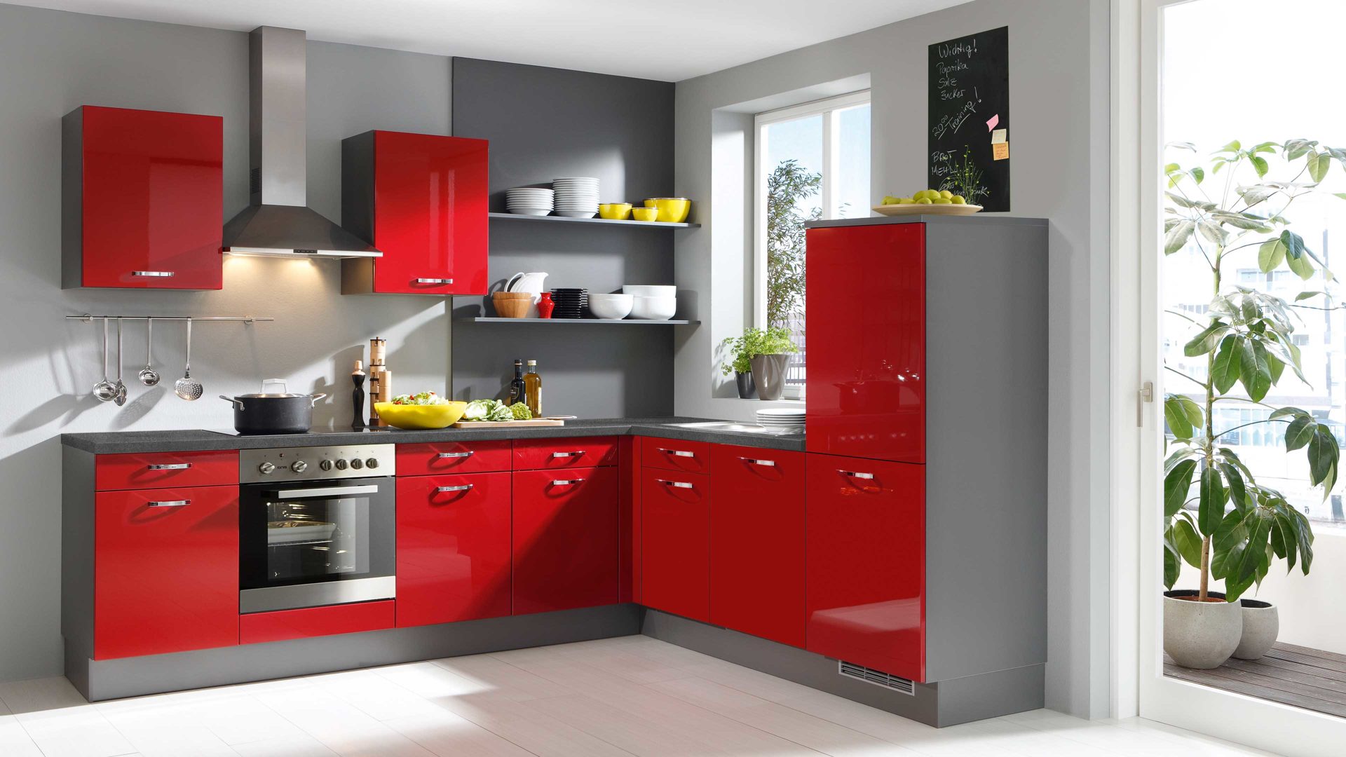 Einbauküche Pino küchen aus Holz in Rot pino Einbauküche inklusive ZANKER Einbaugeräte Rot & Edelstahl - Stellfläche ca. 275 x 235 cm