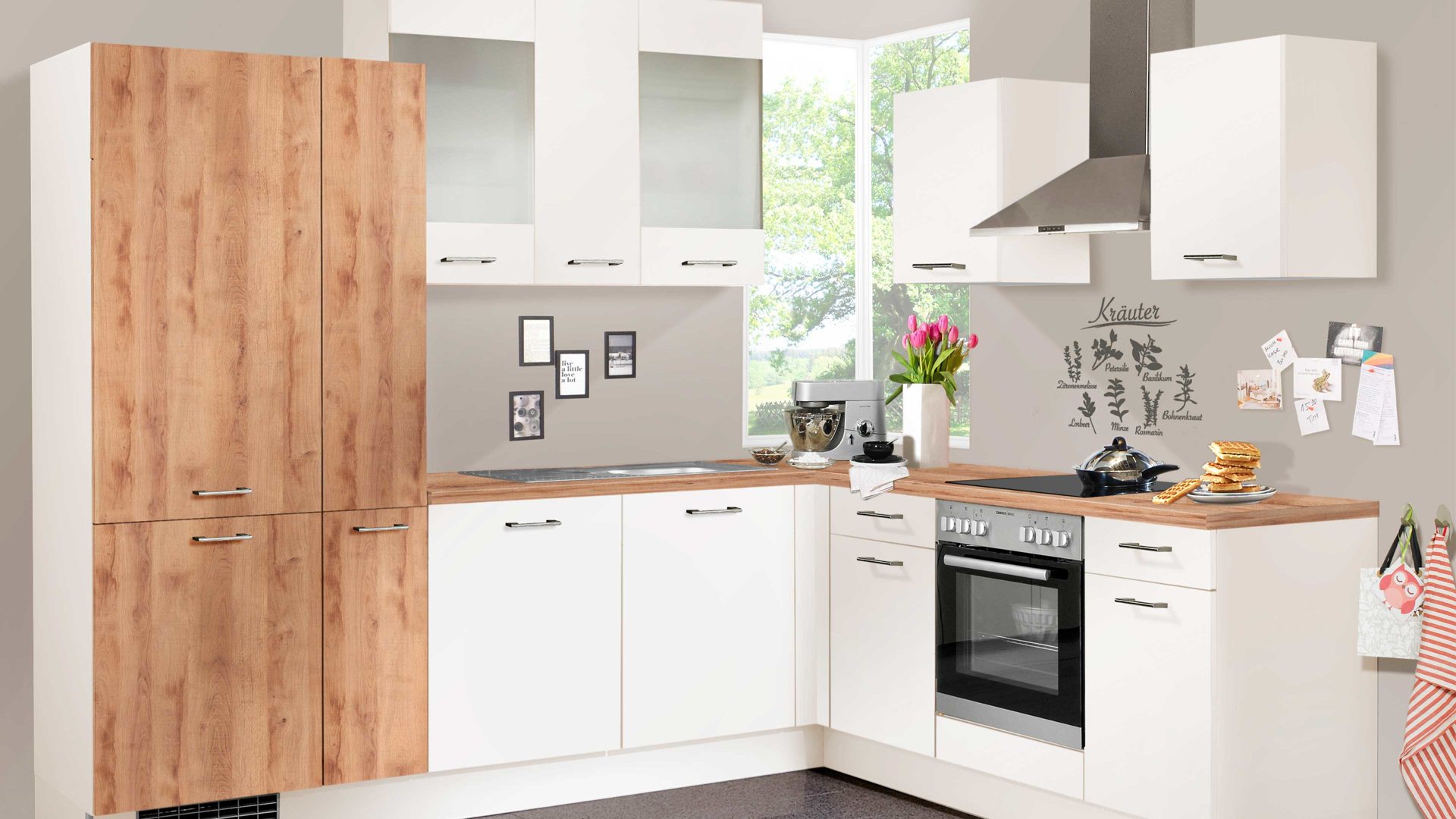 Einbauküche Pino küchen aus Holz in Weiß pino Einbauküche inklusive ZANKER Einbaugeräte Magnolie & Honig Eiche - Stellfläche ca. 275 x 205 cm