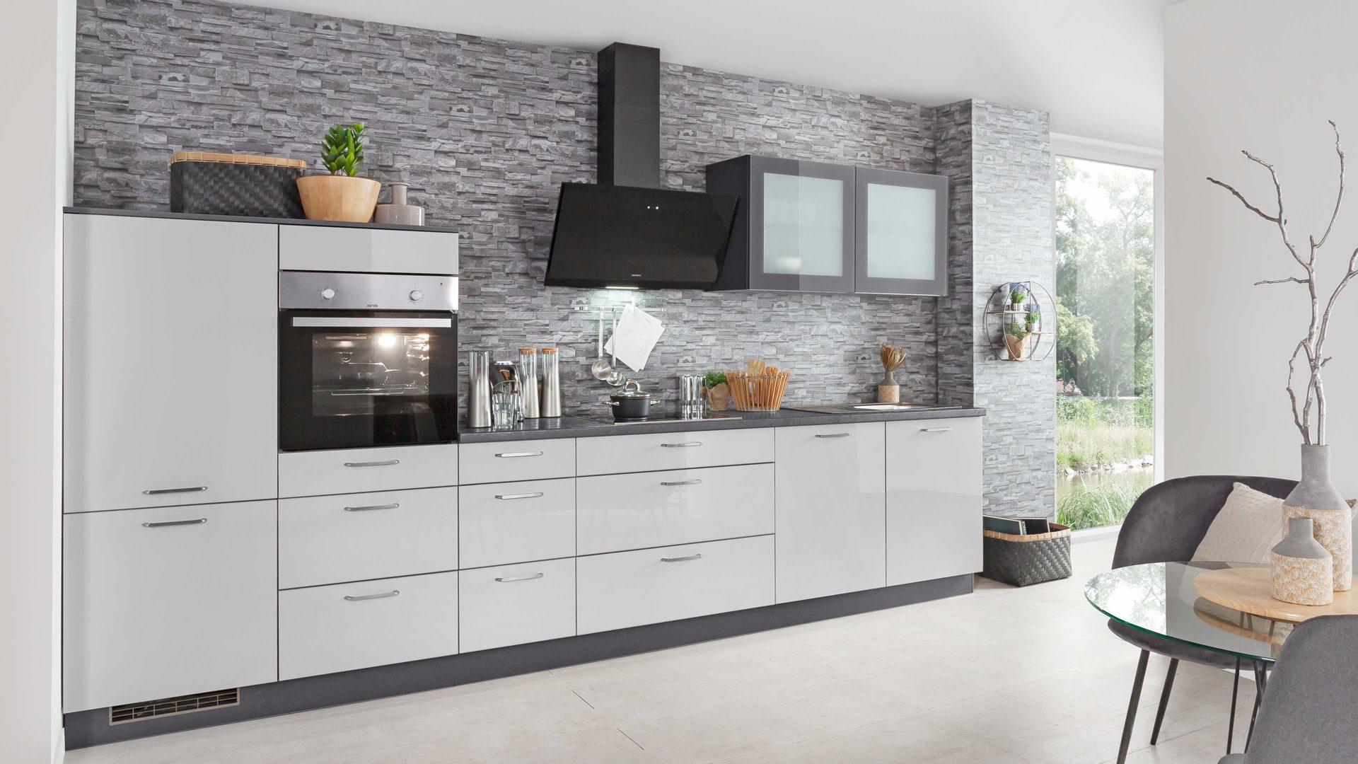 Einbauküche Express küchen® aus Holz in Hellgrau EXPRESS KÜCHEN® Einbauküche Star mit IGNIS-Geräten Hellgrau & Anthrazit - Länge ca. 375 cm